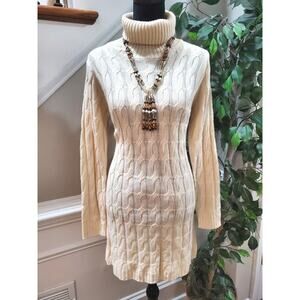 Fable Cable Knot Beige Acrylic Mock Neck Long Sleeve Knee Length Dress Large